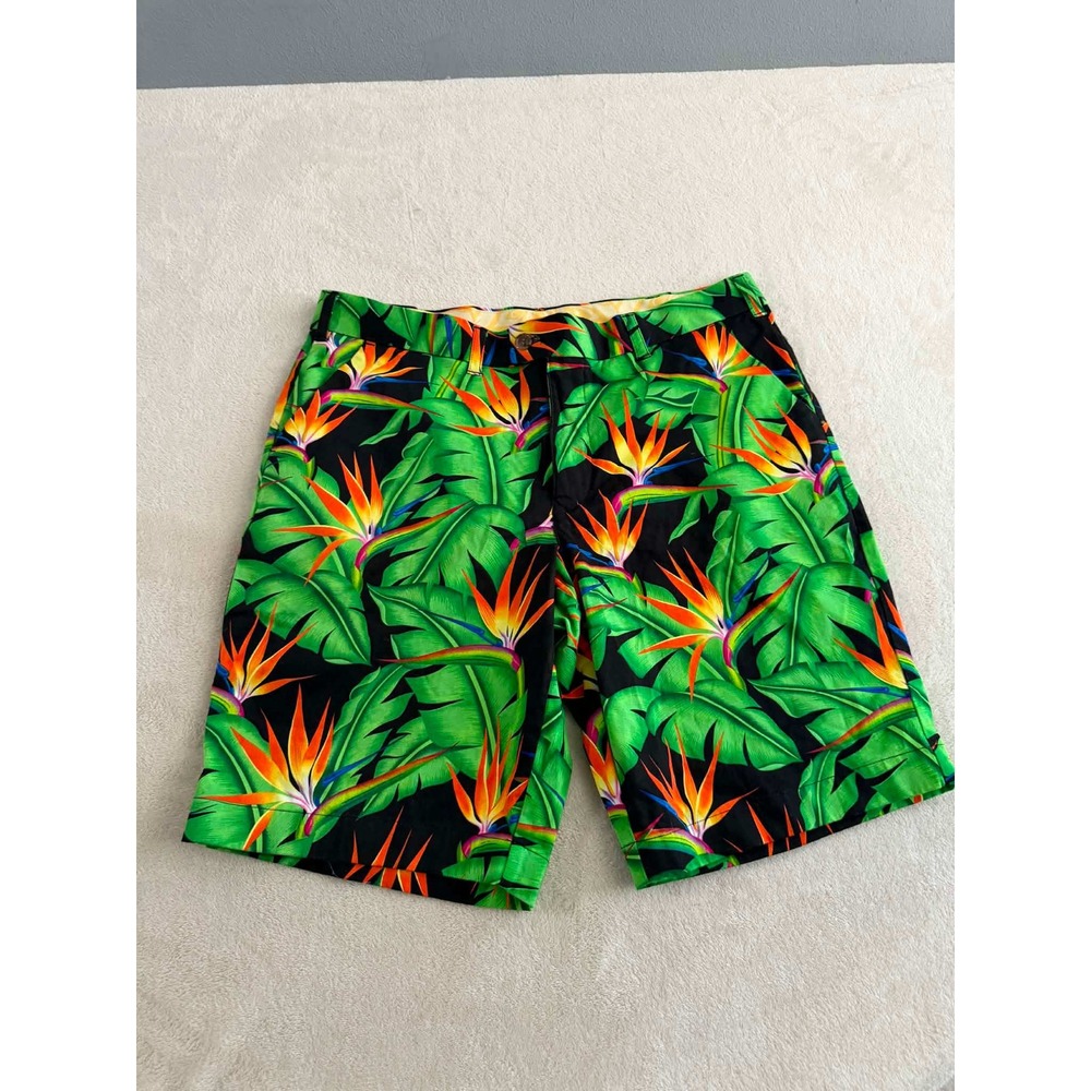 Loudmouth Mens 36 Black Bird of Paradise Floral Golf Shorts Tropical Stretch